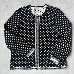Vintage Foxcroft Classic Black & White Patterned Women’s Cardigan cotton Sweater